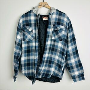 Wrangler Men's Blue and White Plaid Shirt Hooded Jacket Size Small
